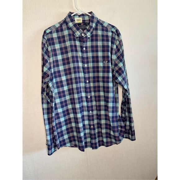 Vineyard Vines Shirt Men Large Blue‎ Check Performance Slim Fit Tucker Cotton - Picture 6 of 9